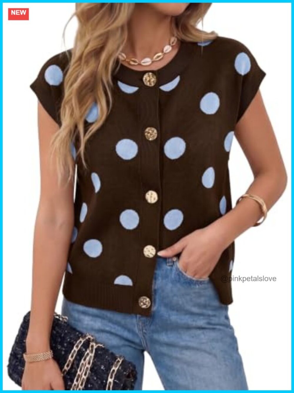 Ribbed Knit Polka Dot Button Down Sweater Vest Sleeveless Layer